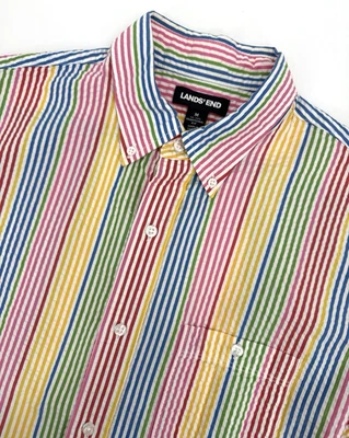 Lands End Shirt Mens Medium Pink Blue Yellow Stripe Seersucker Rainbow - Image 1 of 4