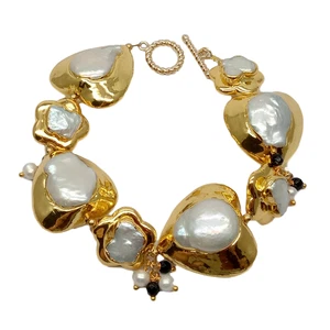 9" White Keshi Pearl Heart and Butterfly Shape with gold plated Edge Bracelet - Picture 1 of 6