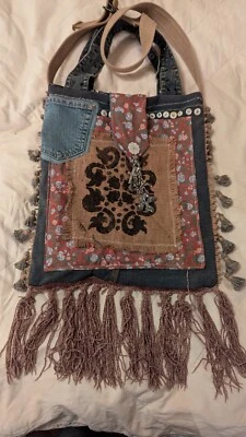 Handmade Art Cross Body Purse Large Upcycled Vintage Materials Denim And Burlap - Image 1 of 4