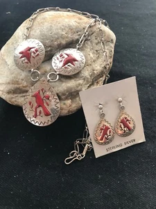 Coral Pendant Zuni Sterling Silver Cardinal Old Pawn Necklace Earrings 1133 - Picture 1 of 12
