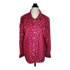 Tommy Hilfiger Corduroy Shirt Women XL Red Maroon Moon Stars Casual Long Sleeve - Picture 1 of 10