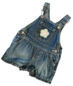 Vintage Oshkosh B'gosh Baby Girls Flower Overall Shortall 0-6 mo Ruffle Hem - Picture 1 of 11