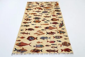 4 x 6 Fish Beige Area Rug veg dye wool Afghan Hand Knotted Rug bedroom Rug - Picture 1 of 10