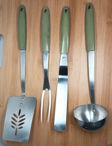 VTG Sears Stainless Avocado Green 4 Piece Kitchen Tool Utensil Set Serving - Picture 1 of 13