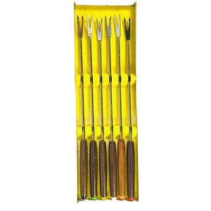 Vintage Fondue Forks Stainless Steel Wood Handle Mid Century Modern Box 6 Piece - Picture 1 of 4