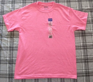 Gildan Girls Short Sleeve T-Shirt Safety Pink Size Medium 10-12 NWT - Picture 1 of 5