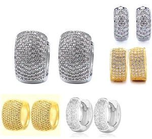 Hoop Huggie Earrings Round CZ Iced Crystal Bling 18ct Gold Filled Mens Womens  - Picture 1 of 10