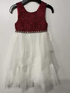 Formal Dress Girls 4 Burgand & Ivory rhinestone Shiny Tulle Flower Girl Pageant - Picture 1 of 6