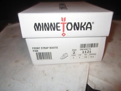 Mocassins Minnetonka infantil tamanho 2 couro rosa alça frontal franja de camurça - Imagem 1 de 3