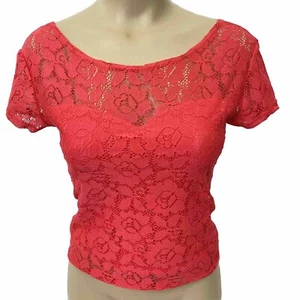 Mimi Chica Short Sleeve Scoop Back Stretch Lace Crop Top Womens size Small Red - Picture 1 of 8