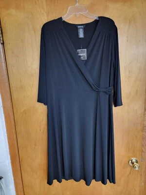 NUEVO CON ETIQUETAS~GEORGE~ Vestido Negro Elástico Para Mujer Talla XL 3/4 Manga Imitación Envoltura Cuello en V Foto 1 de 4