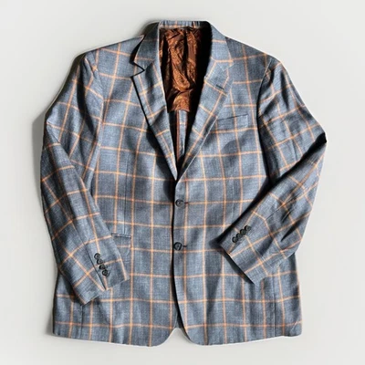 ROBERT TALBOTT Blue Orange Windowpane Wool Silk Linen Sport Coat Blazer Size 44R - Image 1 of 4