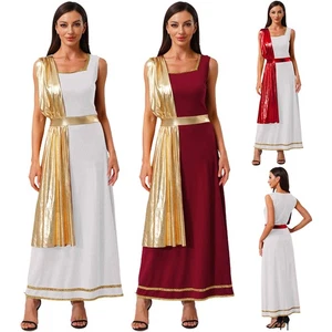 Women Greek Roman Toga Dress Sleeveless Metallic Shiny Robe for Halloween Party - Picture 1 of 51