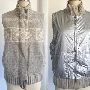 LRL Lauren Ralph Lauren Lambswool Silver Metallic Reversible Vest Snaps Sz L - Picture 1 of 10
