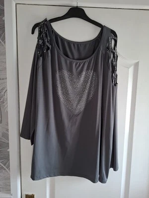 Ladies Grey Silky Diamante Heart Front & shoulder Top, Size 4XL, - Image 1 of 4