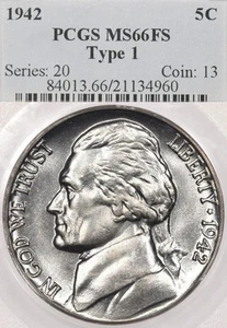 1942 5C PCGS MS66 FS T1 Jefferson Nickel Type 1 Full Steps - Picture 1 of 4