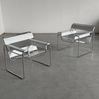 2 Wassily Chairs White Faux Leather & Chrome Bauhaus Mid Century Modern Lounge - Image 1 of 4