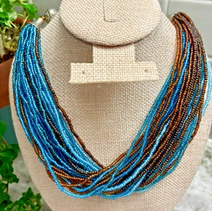 VTG Brown & Turquoise Multi Strand Layered Seed Bead Statement Necklace L3 - Picture 1 of 8