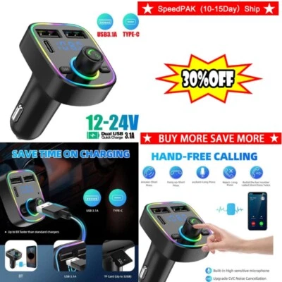 Bluetooth Car Wireless FM Transmitter Adapter 2-USB UK Hands-Free Charger - Image 1 of 4