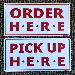 Order Here Pick Up Here Signs 12x6” 2 Pack with Ceiling Hooks – White Sign - Bild 1 von 6