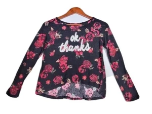 Arizona Girls "Ok Thanks" Sequin Black Floral Long Sleeve Pullover Sweater S 7/8 - Picture 1 of 3