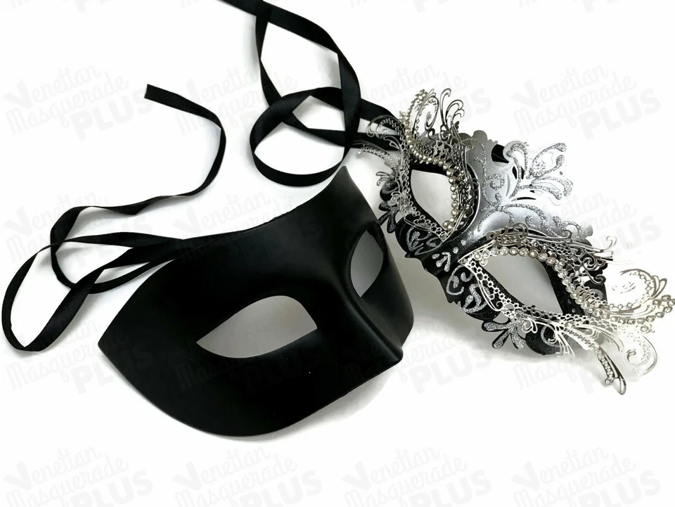 Couple Silver Black Masquerade King and Queen Costume Cosplay Black Tie Party - Image 1 of 1