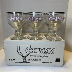 (6) CHIMAY Silver Rimmed 25cl / 9.6 fl oz Belgian Footed Beer Glasses New In Box - Picture 1 of 8