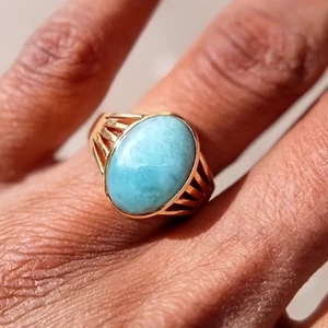 Natural Larimar Men's Ring, Oval Cut Larimar Ring for Men, Healing Gemstone Ring - Picture 1 of 11
