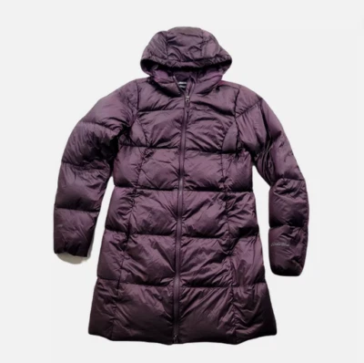 Chaqueta larga Eddie Bauer acolchada de plumón para mujer EB550 con capucha (BORGOÑA S) NUEVA SIN ETIQUETAS Foto 1 de 4