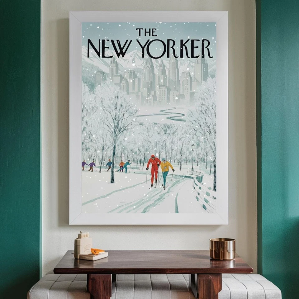 Póster de invierno vintage del New Yorker - arte de portada de escena de esquí nevado de Central Park Foto 1 de 4