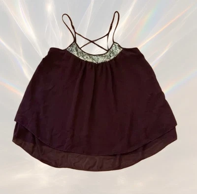 MOSSIMO Dark Wine Purple w/ Gold Sequin Crisscross Spaghetti Strap Flowy Tank M - Image 1 of 4