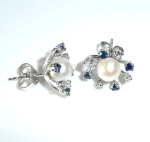 Ohrringe 585 Weißgold 0.24ct. Diamanten 0.26ct. Saphire Perle 14,0 mm 3,4gr - Picture 1 of 9