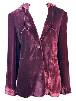 Chaqueta Elie Tahari Rojo Borgoña Terciopelo Seda Pecho Único con Capucha -Talla 14 L Plus Foto 1 de 4