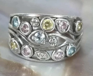 Sterling Silver Multi Stone Ring Size M Wide Band Rainbow Design 3cm x 1.5cm - Bild 1 von 5
