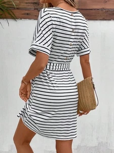 Womens Summer Short Sleeve Striped Dress Casual Tie Waist Midi Dresses - Picture 1 of 3