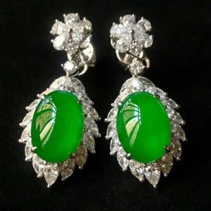 Orecchino Pendente Vintage Donna 10Ct Ovale Verde Naturale Giada Argento Sterling925 - Foto 1 di 3