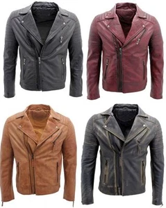 Men's Brando Double Zip 100% Leather Biker Jacket - Picture 1 of 40