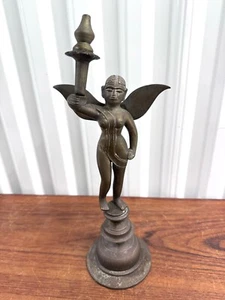 Antique Bronze Apsara Figurine W/ Wings Nepal Tuki Oil Lamp Candle Holder - Picture 1 of 12