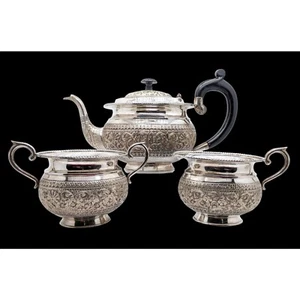 Floral Repousse Sterling Tea Set, Vintage India Kutch Silver Tea Set, Tea Pot - Picture 1 of 10