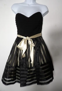 Betsey Johnson Evening Dress 6 Strapless Black Tulle Beige Sweetheart Tie Belt - Picture 1 of 12