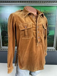 Vintage 1970s BoHo Mark of the Lion Mens Brown Velour Long Sleeve Shirt Medium - Picture 1 of 9