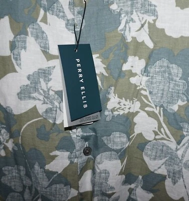Perry Ellis Mens Linen Long Sleeve "Untucked" Shirt XXL Green Floral NWT - Image 1 of 4