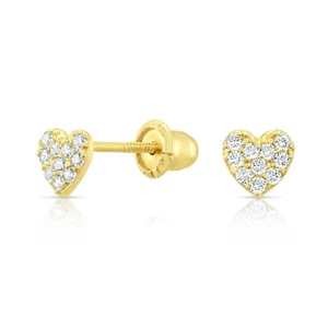 10K Real Solid Yellow Gold Baby Small Heart CZ Sleeper Studs Earrings Screw-back - Picture 1 of 6