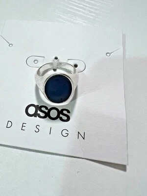 ASOS - Design Silver Brushed Signet RING with Oversized Navy Stone - Size L NEW Foto 1 de 3