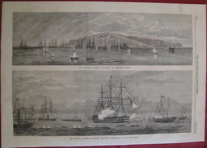 ESCUADRÓN BRITÁNICO ENTRANDO EN EL PUERTO DE CHERBURGO 1865 ILUSTRADO LONDRES NOTICIAS - Imagen 1 de 2