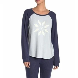Free Press Womens Raglan Hacci Long Sleeve Sweater Curved Hem Blue Snowflake M - Picture 1 of 3