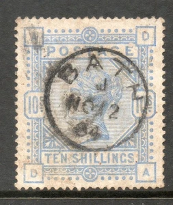 GB QV SG182 10/- Cobalt used 1884 Bath CDS - Picture 1 of 2