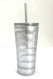 18 Unzen Starbucks Glas Becher. Sivler Metallstreifen 7,5 Zoll hoch, 3 Zoll breit - Bild 1 von 6