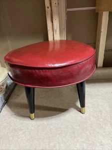 Vintage MCM Red Round Vinyl Ottoman Foot Stool Tapered Wooden Wood Legs - Picture 1 of 15