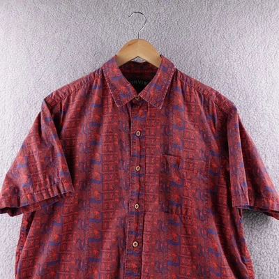 ORVIS Mens Large Red Blue Tribal Aztec Hawaiian Short Sleeve Button Up Shirt - Image 1 of 4